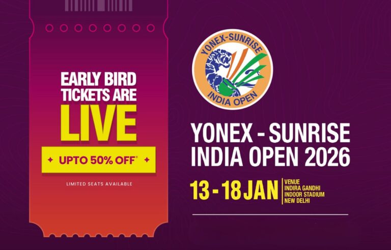 Yonex–Sunrise India Open 2026 live badminton action at Indira Gandhi Indoor Stadium, New Delhi