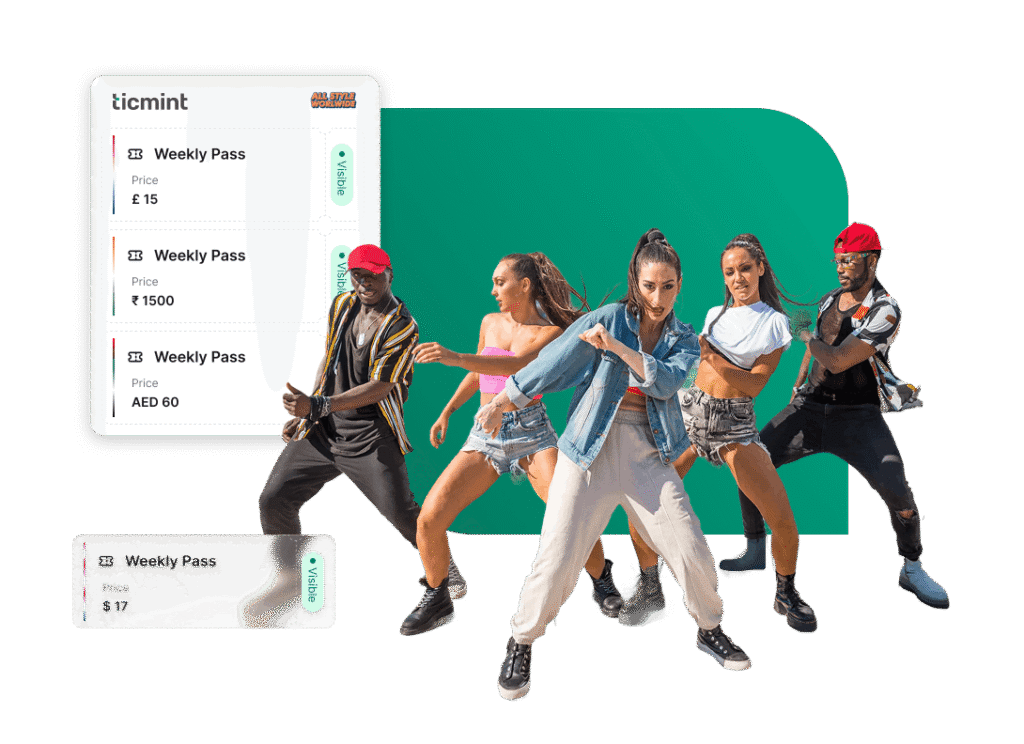 Diverse group of dancers in front of a teal shape with floating ticket cards labeled Weekly Pass, promoting event access.