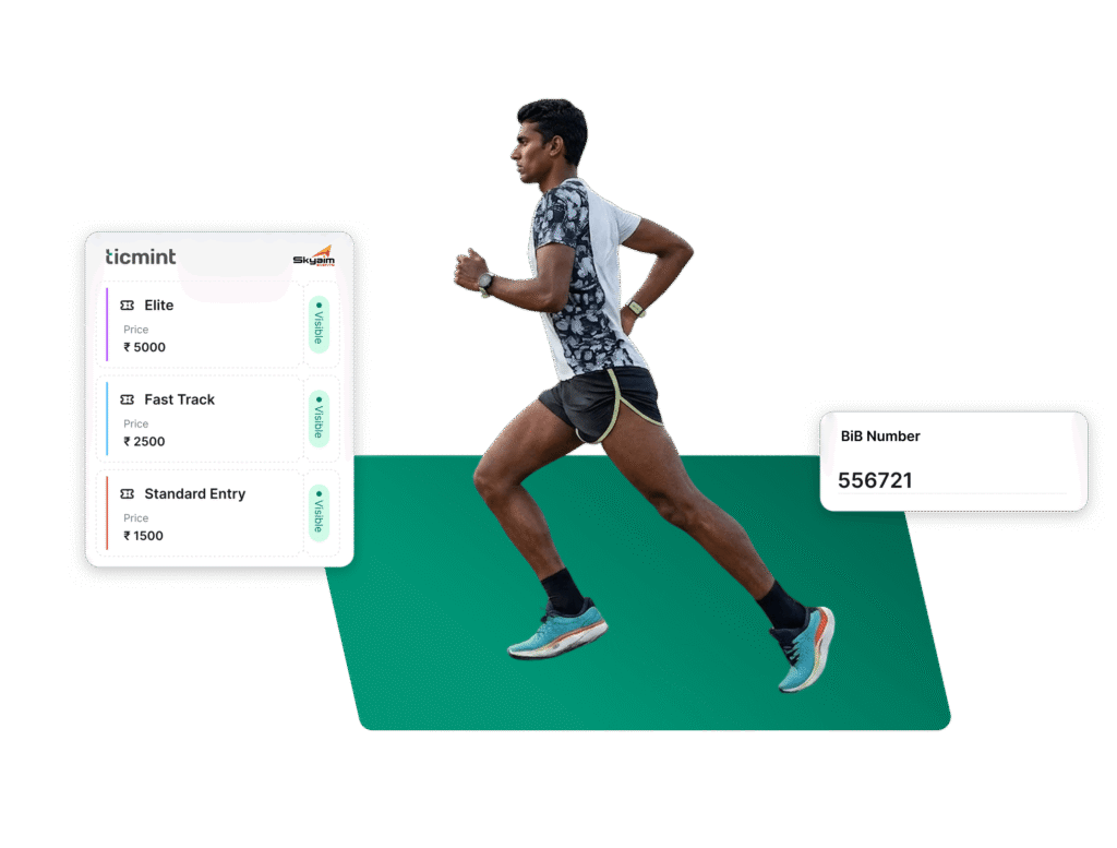Male runner mid-stride beside a white app panel listing Elite, Fast Track, Standard Entry with prices to the left and a green backdrop panel to the right.