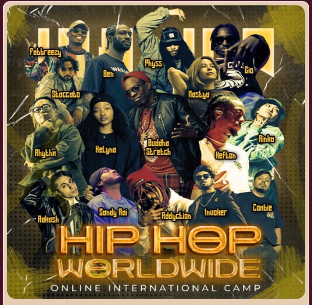 Collage of hip-hop artists posing together to promote Hip Hop Worldwide online camp.