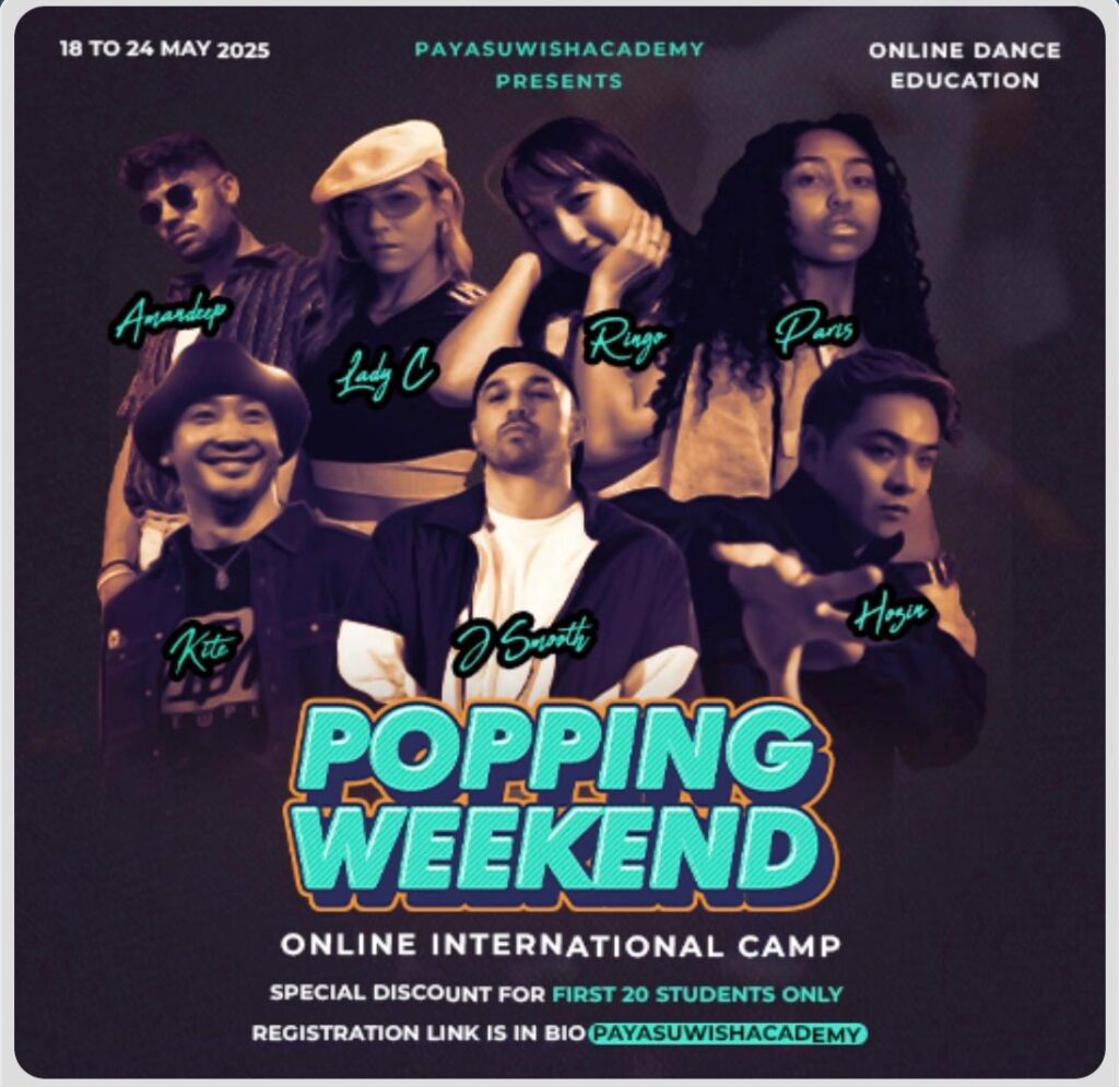 Promotional poster for Popping Weekend online dance camp with a group of diverse dancers and event details.