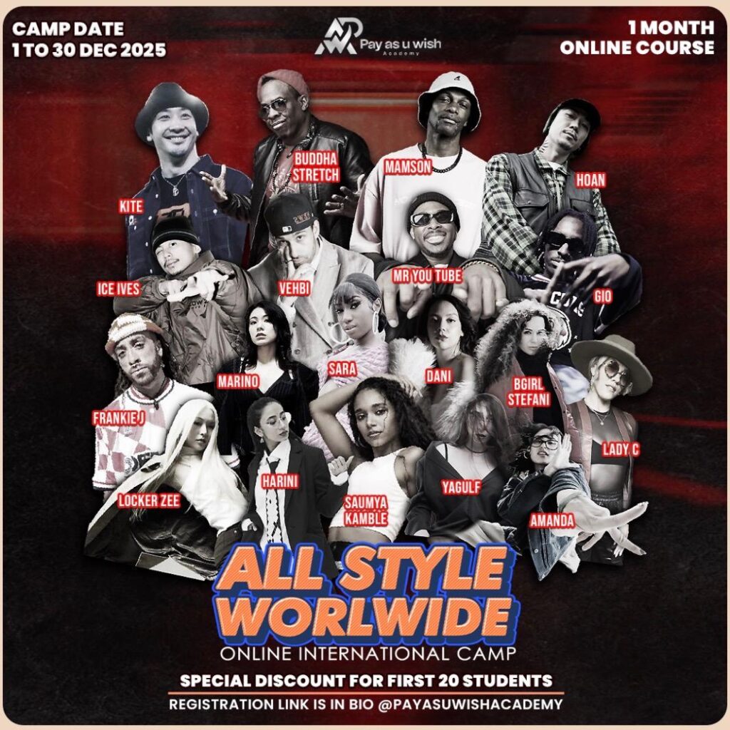 Poster advertising 'All Style Worldwide' online international camp (Dec 1–30, 2025) with labeled celebrity participants.