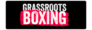 Grassroots Boxing logo: white 'GRASSROOTS' text above bold pink 'BOXING' on a black background.