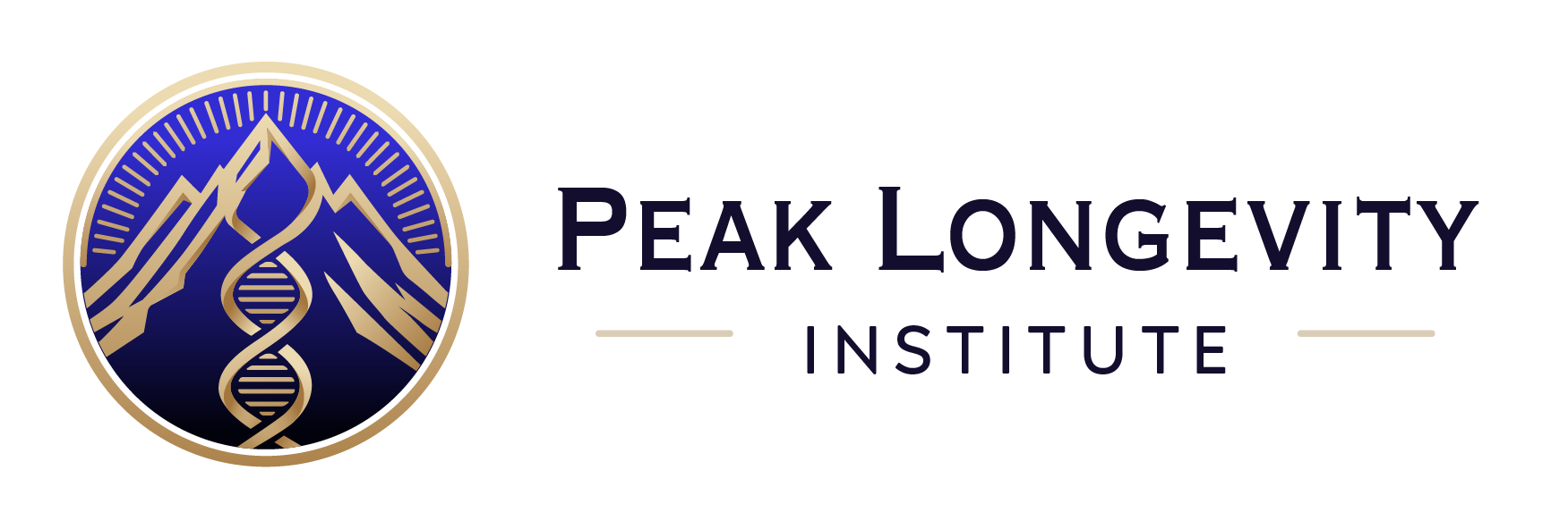 Logo for Peak Longevity Institute: gold-outlined circle with blue gradient mountains and a gold DNA helix inside.