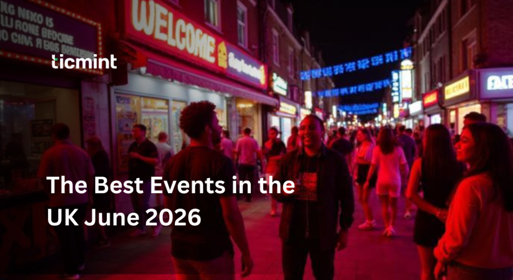 The Best Events in the UK June 2026 | Festivals, Parades & Music Events | Ticmint Crowds enjoying the best UK events in June 2026 including Derby Festival horse racing, Trooping the Colour parade in London, Pride Cymru in Cardiff, seaside celebrations, and summer music festivals.