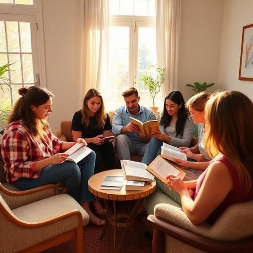 Six young adults sit in a circle in a sunlit living room, each reading a book.