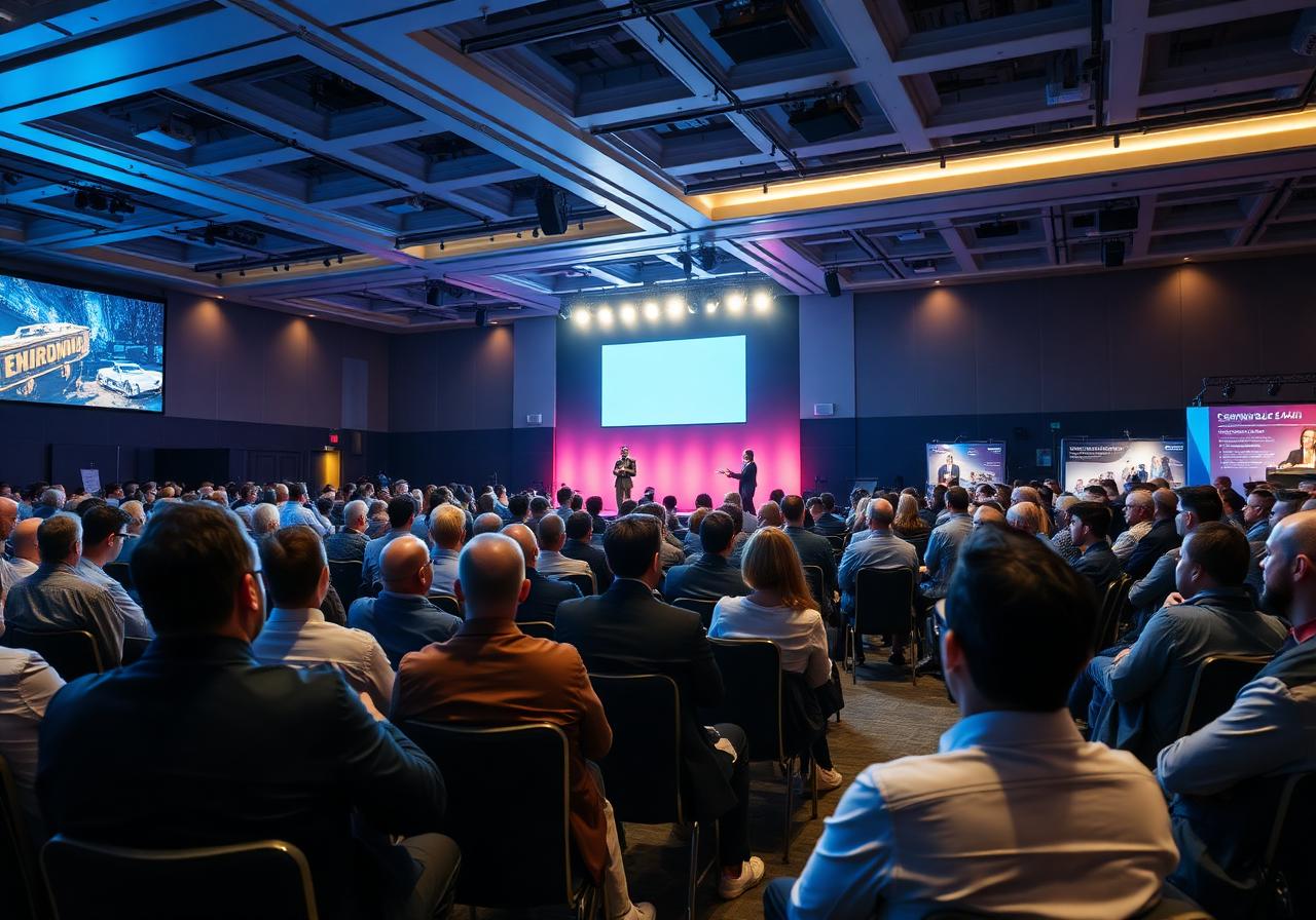 Large conference hall filled with attendees facing a stage where two presenters speak under a bright screen with blue and pink lighting.