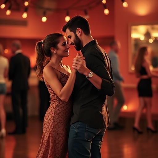 Couple dancing closely in a warmly lit ballroom; woman in pink lace dress, man in a dark shirt, smiling at each other.