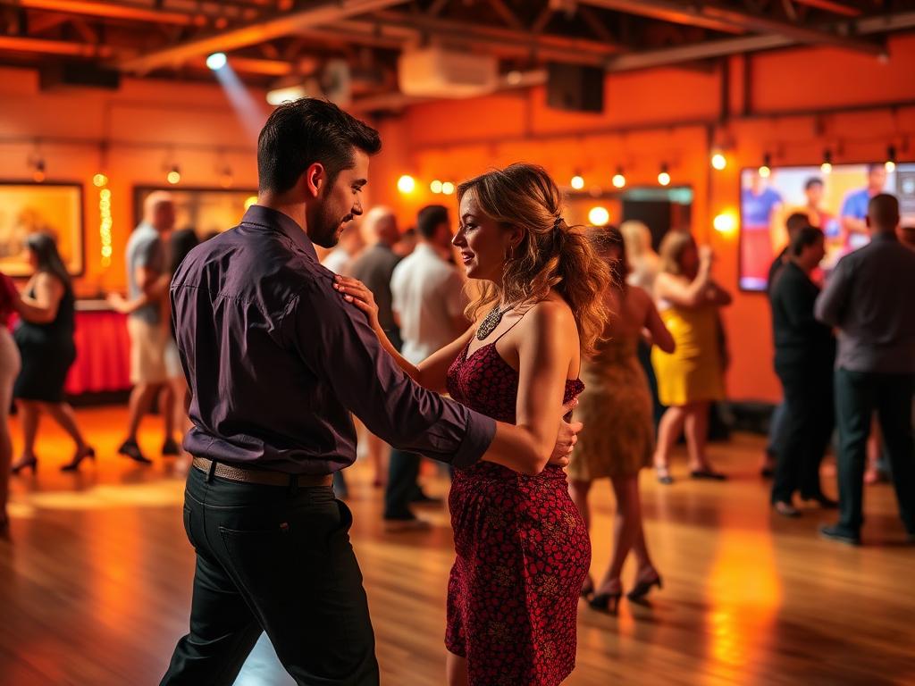 Couple dancing closely in a warm, orange-lit ballroom with other couples in the background.