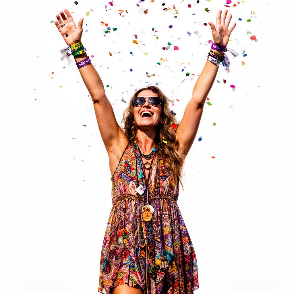 Woman wearing a colorful patterned dress, sunglasses, and multiple bracelets raises her arms in celebration as confetti falls around her.