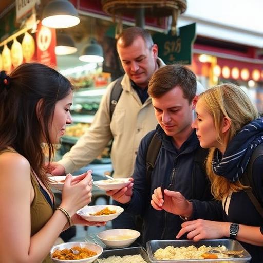 Group of four friends at a busy market stall tasting snacks from bowls together.