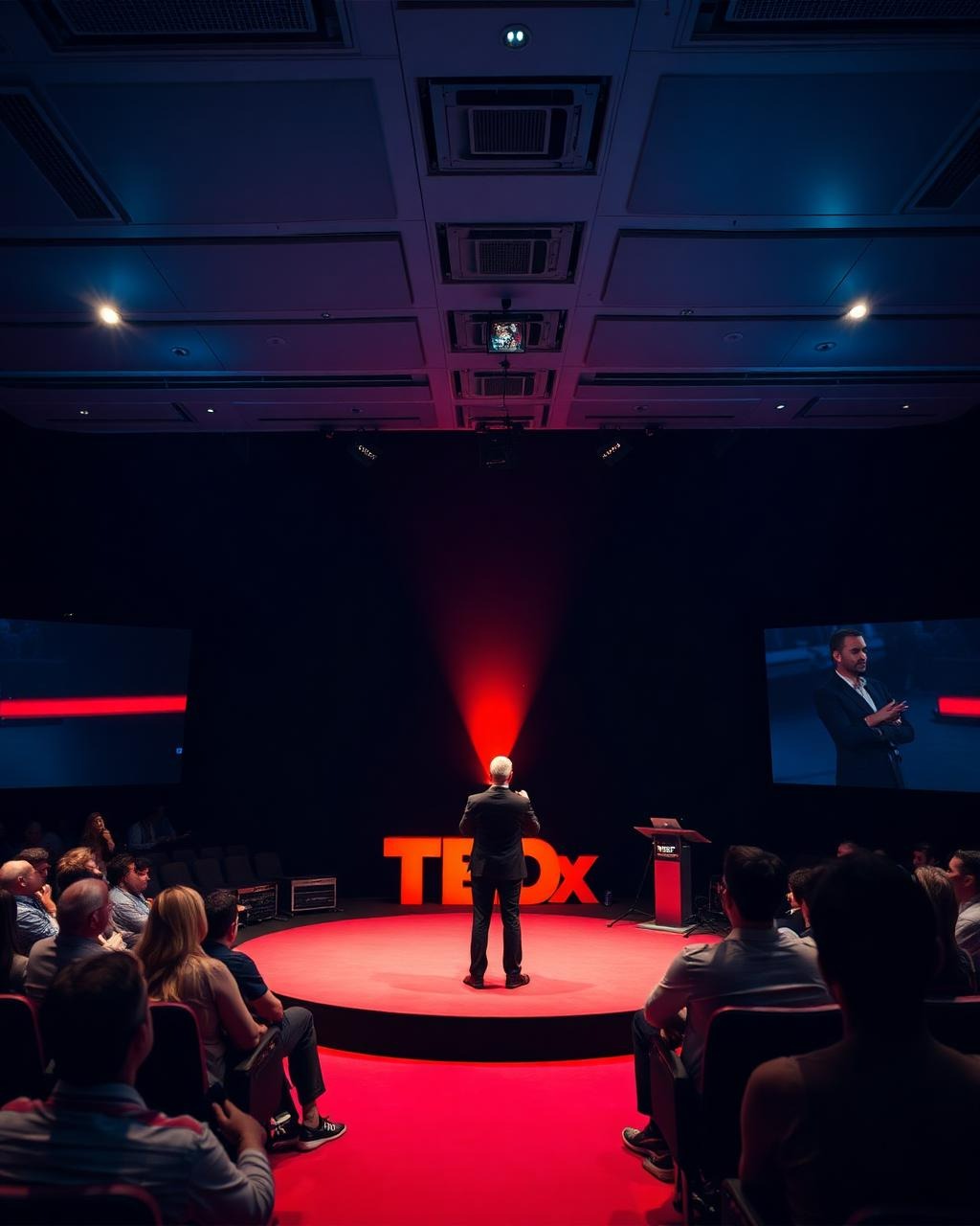 Speaker on a TEDx stage facing an audience, with red circular stage and illuminated TEDx letters behind him.