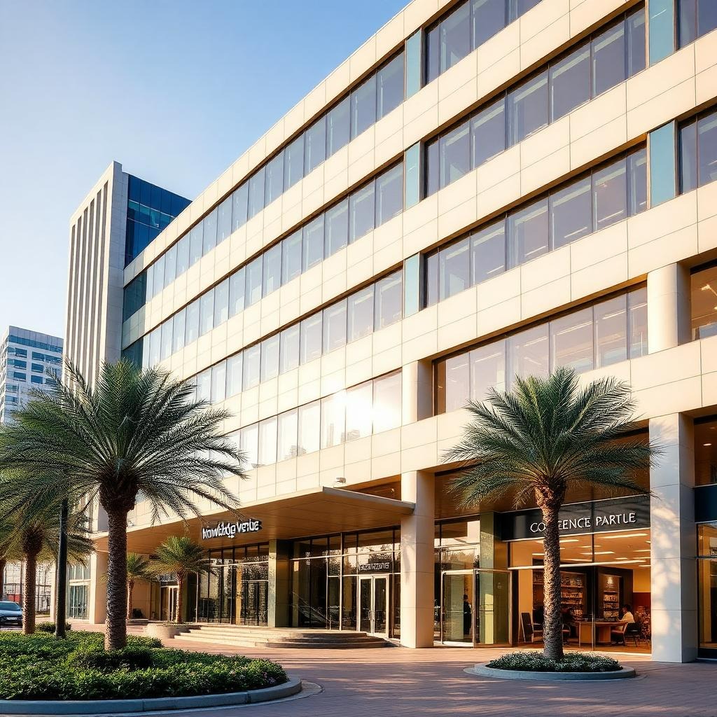 Modern glass-fronted office building with palm trees along a pedestrian plaza and ground-floor shops.