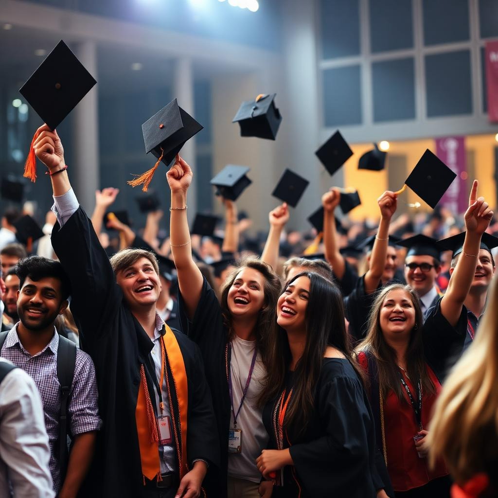 Graduates in caps and gowns cheerfully toss their mortarboards into the air at a graduation ceremony indoors.