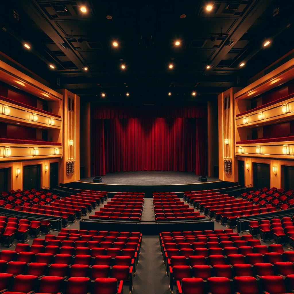 Full view of a theater auditorium with red seats facing a closed red stage curtain.