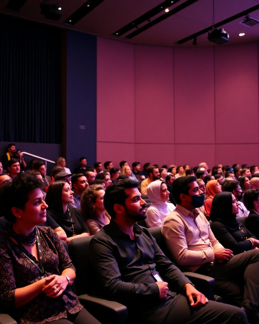 Audience seated in a dimly lit conference hall, watching a presentation; diverse group in front rows.