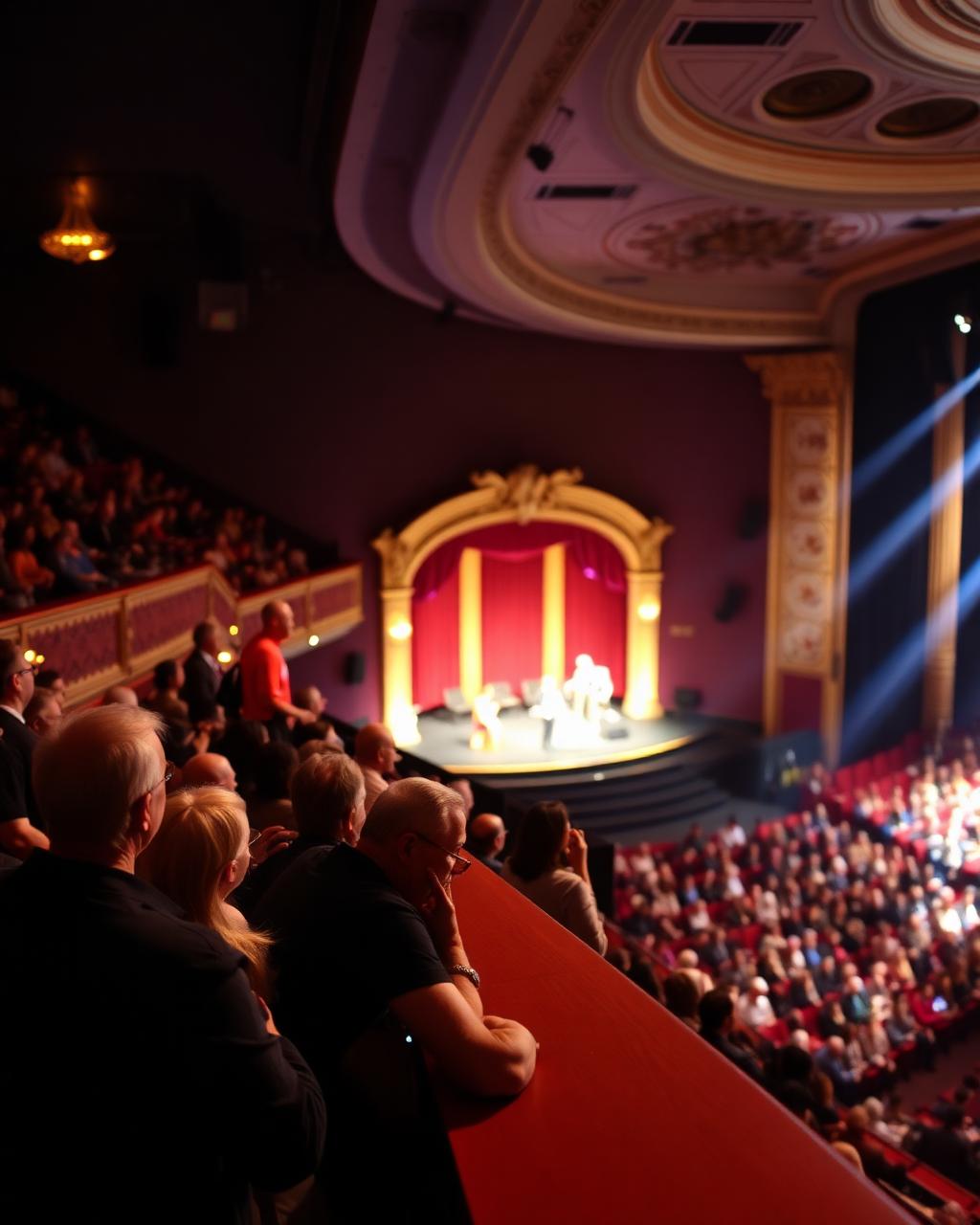 Audience seated in a grand theater watching a stage panel under warm lighting, red curtains behind the speakers.