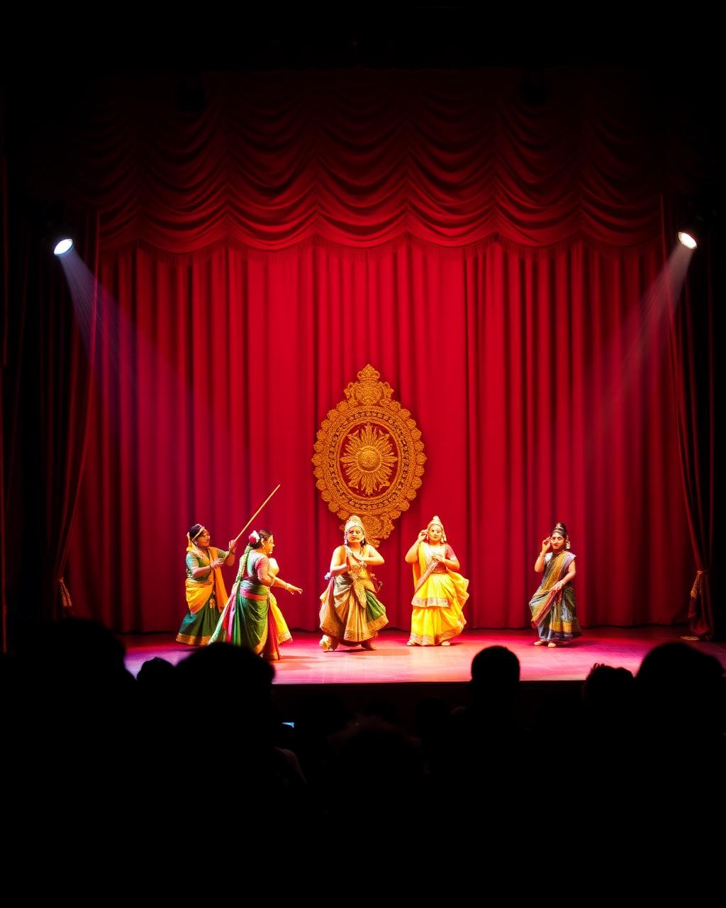 Group of Indian classical dancers in colorful sarees perform on a red-curtained stage, with a gold ornamental emblem backdrop.