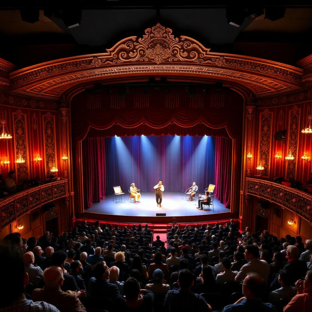 Ornate theater with a stage, blue spotlight on five musicians performing for a seated audience.