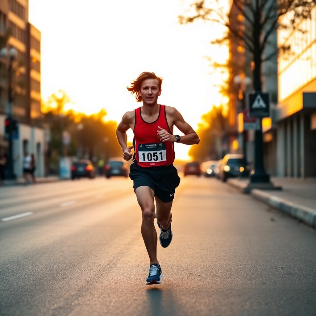 Runner in a red tank top and black shorts sprinting down a city street at sunset during a race, bib 1051 visible.