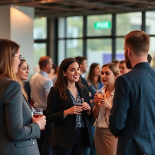 Group of professionals networking and chatting with drinks in hand at an indoor event.