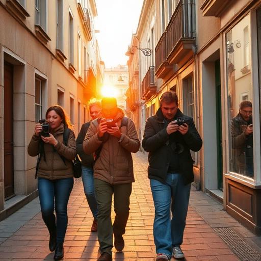 Three people walk down a sunlit narrow street, each looking at their phones as they stroll between buildings.
