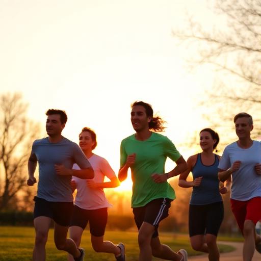 Group of friends running together on a park path at sunset.