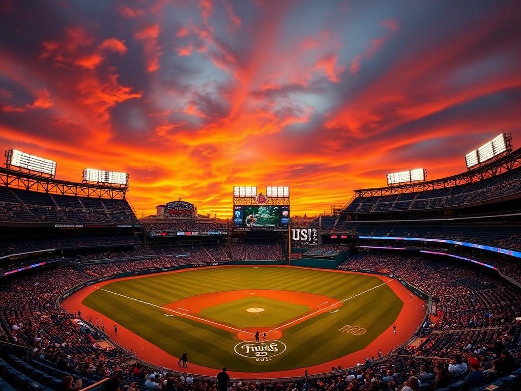 Baseball stadium at sunset with a fiery orange sky, the field in the foreground and packed stands on both sides.