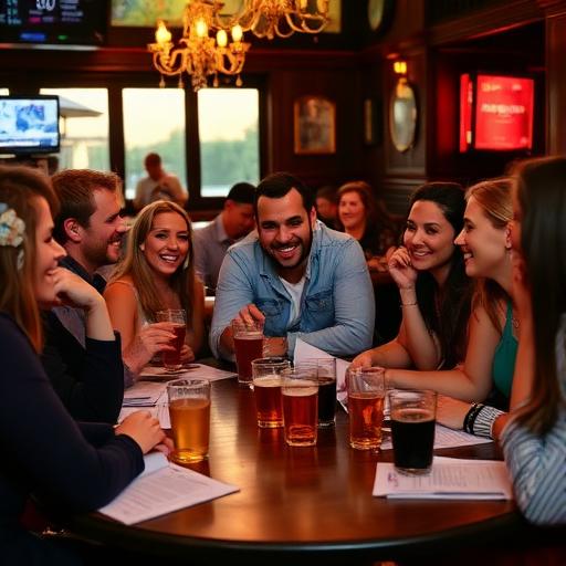 Group of friends smiling and chatting around a round pub table with beers and menus.