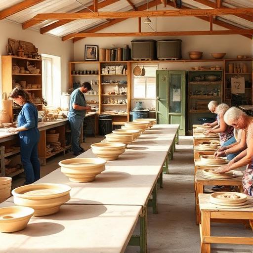Pottery studio with several people shaping bowls along a long table, shelves of pottery and tools lining the walls under natural light
