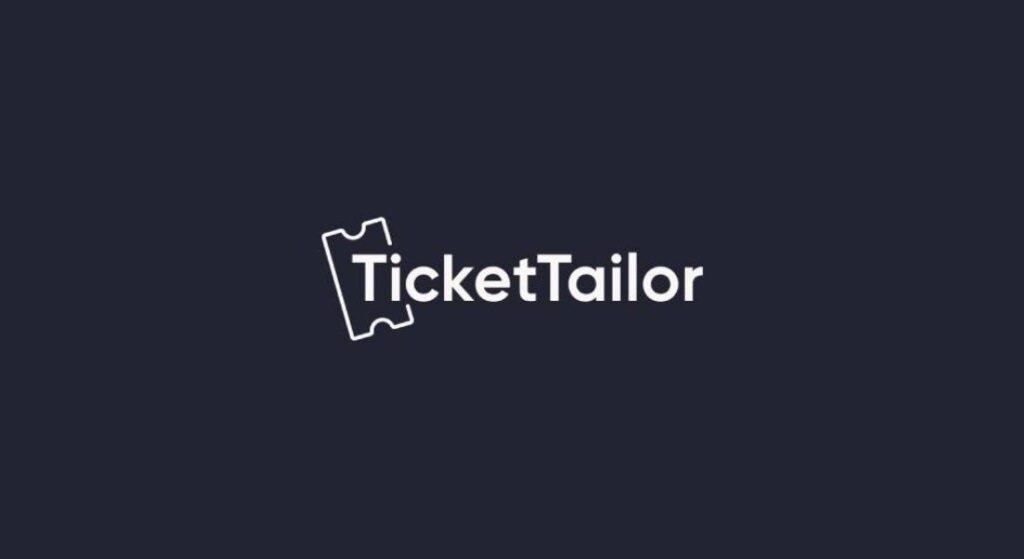 TicketTailor logo: white wordmark with a ticket outline on a dark navy background