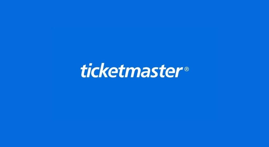 Ticketmaster logo in white on a solid blue background, centered