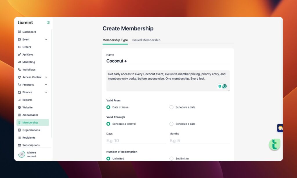 Ticmint Membership Screen