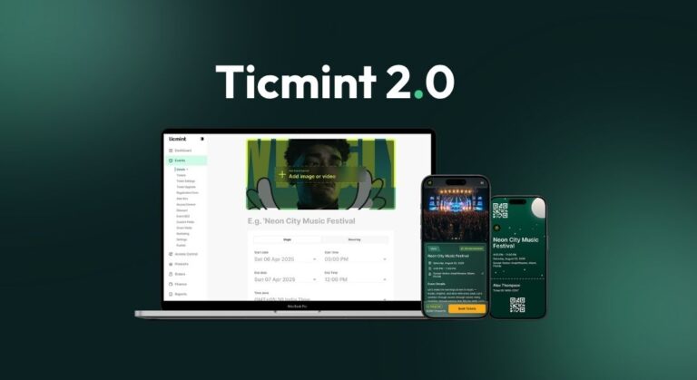 Ticmint 2.0 branding with a laptop and two smartphones displaying the app interface.