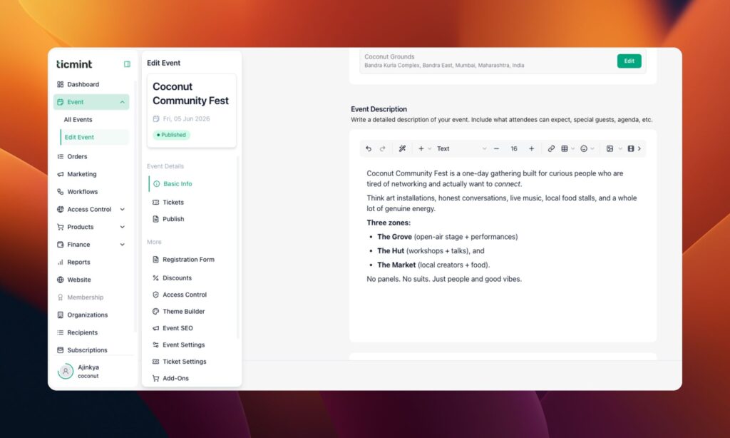 User interface showing an event editor: left navigation menu, middle panel with 'Edit Event' card for 'Coconut Community Fest', and a right content area with event description text.
