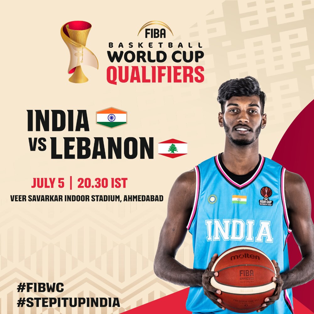 Poster for FIBA Basketball World Cup Qualifiers: India vs Lebanon, with an India player in a blue jersey holding a basketball, event date July 5 and venue in Ahmedabad, India.