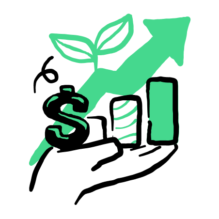 business_finance growth investment money savings 1 | Ticmint | Ticmint Hand holding a small plant with two leaves and a green upward arrow, symbolizing sustainable growth.