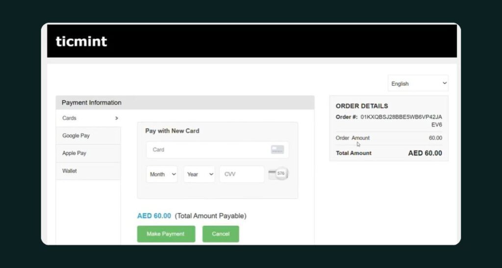 Payment checkout UI: left column with Cards, Google Pay, Apple Pay, Wallet; center card-entry form; right side order details showing AED 60.00
