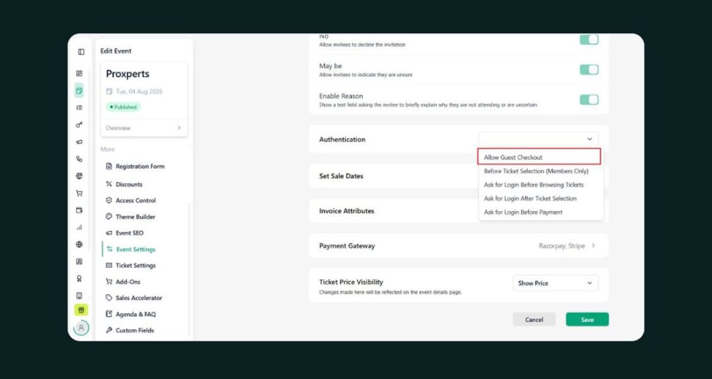 Event settings page in an admin dashboard; left navigation pane visible, with an Authentication dropdown highlighting 'Allow Guest Checkout'.