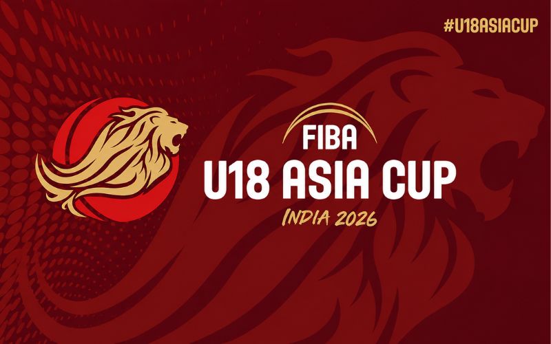 Poster for FIBA U18 Asia Cup India 2026 featuring a stylized lion logo on a red background with the hashtag #U18ASIA CUP.