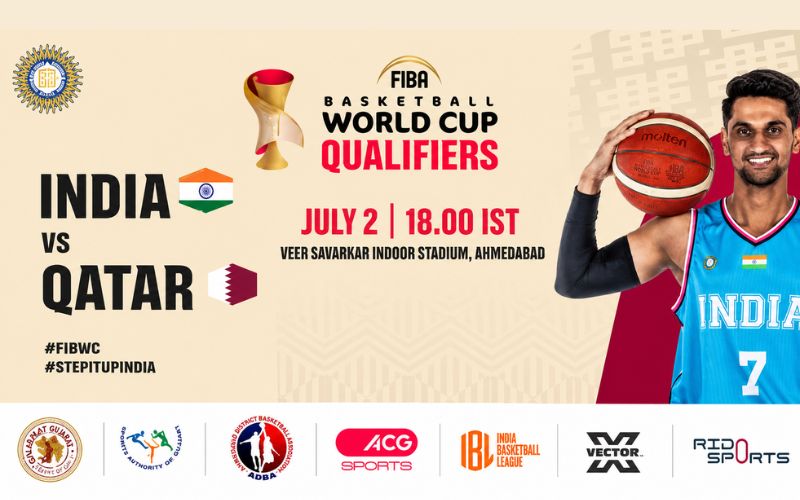 FIBA Basketball World Cup Qualifiers: India vs Qatar, July 2, 18:00 IST, Veer Savarkar Indoor Stadium, Ahmedabad; Indian player holding a basketball on the right; sponsor logos along the bottom.