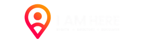 Logo showing a pink/orange location pin with a person silhouette and the text 'I AM HERE' on a dark background.