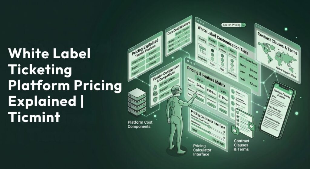White Label Ticketing Platform Pricing Explained | Ticmint Hero image for an article: illustration of a green-toned pricing platform with floating panels and a human figure comparing pricing components for a white-label ticketing platform.