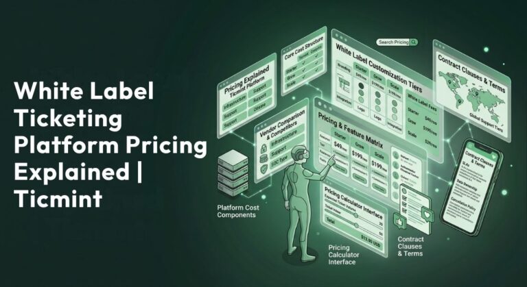 Hero image for an article: illustration of a green-toned pricing platform with floating panels and a human figure comparing pricing components for a white-label ticketing platform.