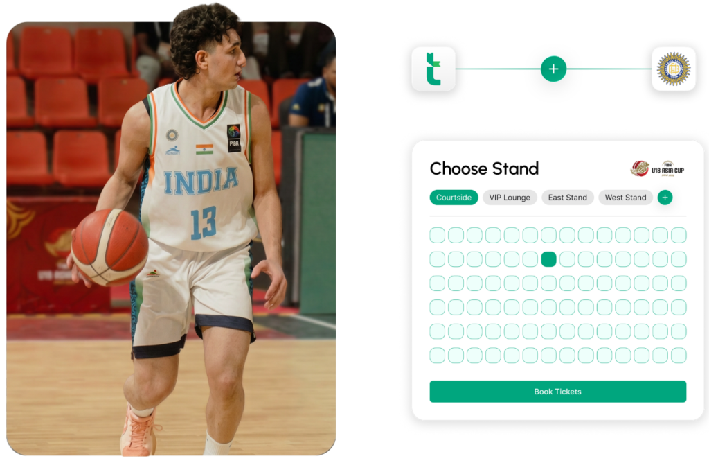 Basketball player in an India jersey dribbles on the court beside a stand-selection ticket booking interface.